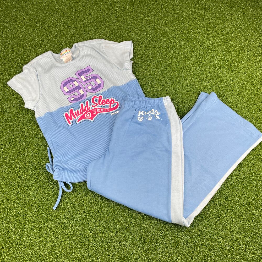 Mudd Sleep Girls Blue Short Sleeve Side Cinch Ribbed Pajama Pants Set Sz 10